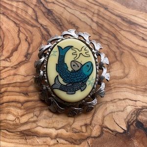 Vintage Pisces Zodiac Scrimshaw Brooch
